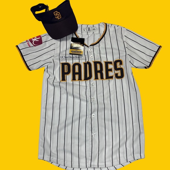 cotapaxi Other - San Diego Padres Youth Large Baseball Jersey and Visor Set White Pinstripe NWT
